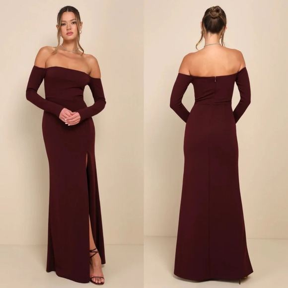 Lulus Alluring Sophistication Dark Plum Off-the-Shoulder Maxi Dress XL Wedding